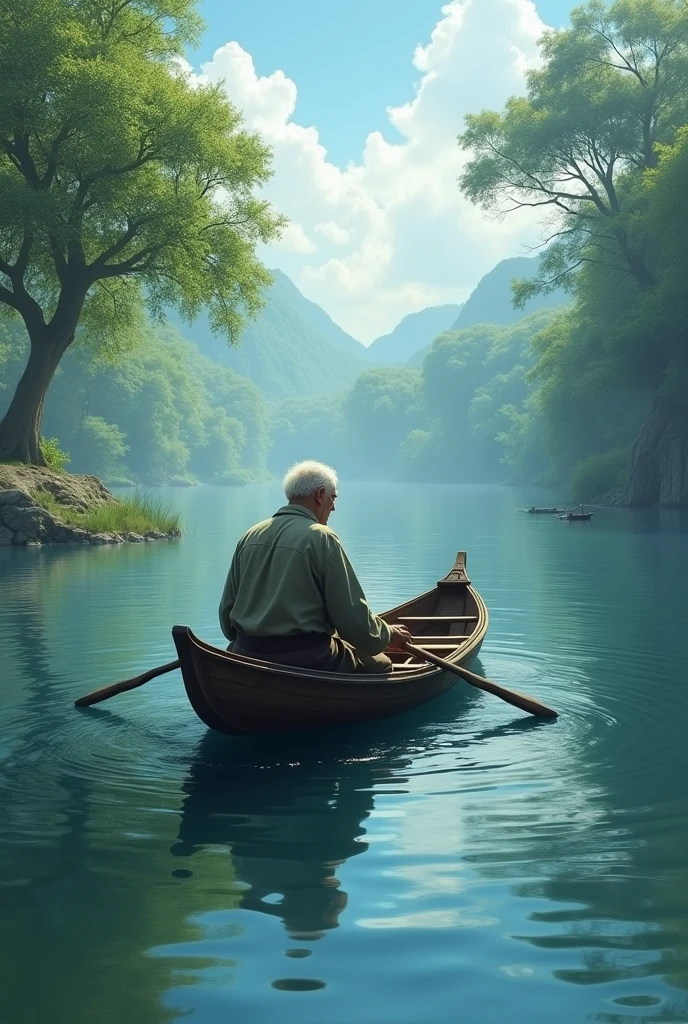 old man on a small boat to the middle of a serene lake
