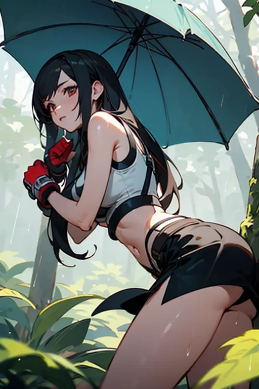 Tifa in a Pokémon world, in the forest full of rain