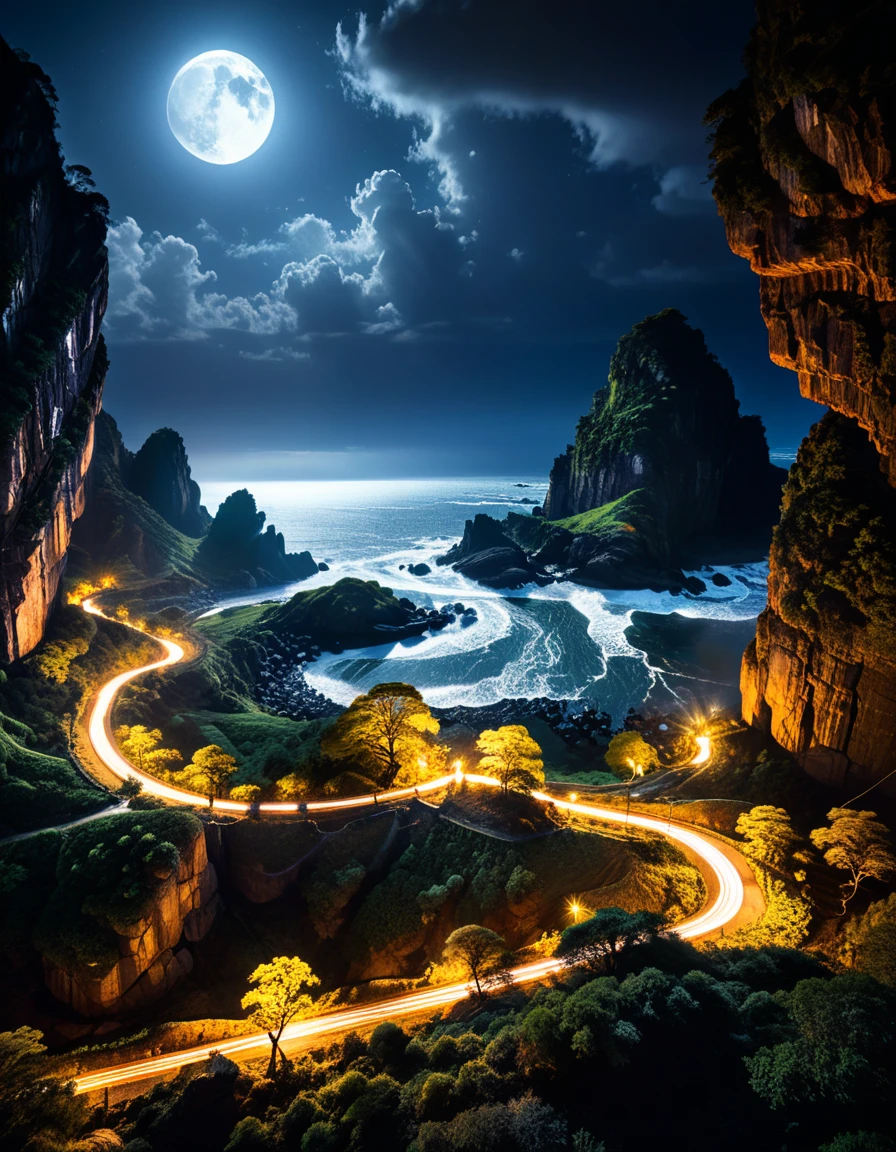 professional photograph of a illuminated and epic landscape by Katsuhiro Otomo and Fred Stein and yousuf karsh , bold lines, hyper detailed, dark limited palette, dramatic lighting, (intricate details, masterpiece, best quality:1.4),