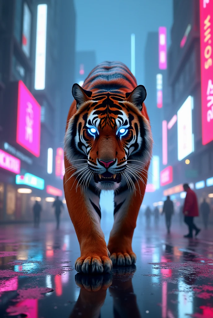 Indian bengal tiger with neo
eyes in the cyborg city with neo lights