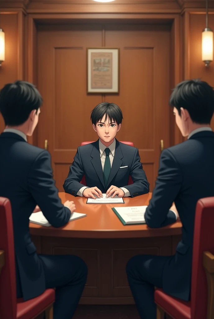 A scene from a job interview for a Japanese university student。
Students are wearing recruitment suits。Facing the interviewer across the table。There is one student、There are two interviewers。
The location is a formal place like a conference room.。