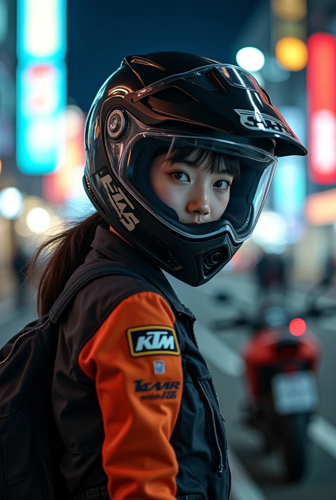 beautiful Japanese high school girl, about to Ride on a off-road motorcycle, at downtown at night, dramatic scene, masterpiece, (face focus:1.3), clear helmet visor, beautiful eyes, KTM bike, Shoei helmet, wearing off-road rider's outfits, shoot from side