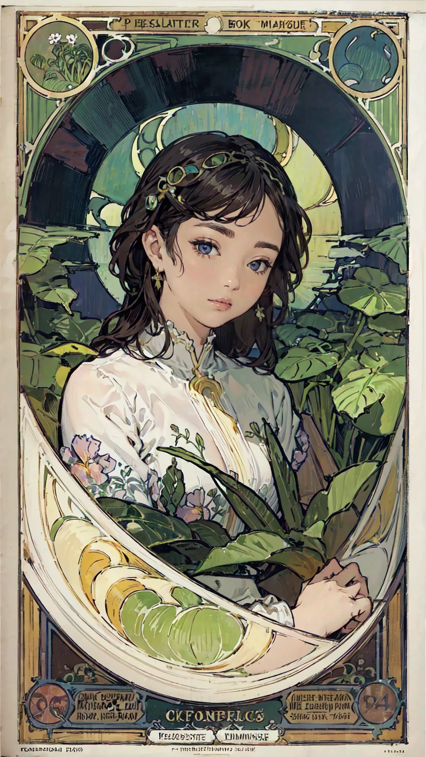 Detailed Background、Mucha style、Art Nouveau、Plants tying up the subject's arms or legs、(White underwear:1.2)、(masterpiece、Highest quality、Highest quality、Detailed and careful line drawings)、Vintage Color、colorful、Anatomically correct、Written boundary depth、Flat Shading、Bokeh、(Toned body, Thick thighs:1.2))、(Showing off your armpits)、Pussy、Camel Toe、Expressive eyes、Perfect Face、Black Hair、Okabo Hair、Resolute、Bold Pose