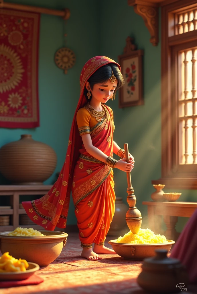 A gopika churning makkhan in a house in traditional clothes , animated image