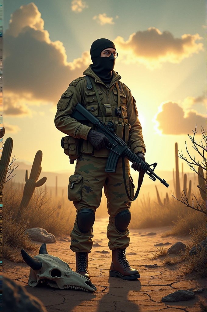 Tribute to Soldier&#39;s Day, A soldier with a rifle looking down his face is covered with a balaclava, dressed in a caatinga camouflage uniform, a passage behind with a caatinga environment with a sun, cracked soil from drought, with cacti and dry plants, a cattle skull on the ground next to the soldier, and the name sertão written in the clouds above the soldier.