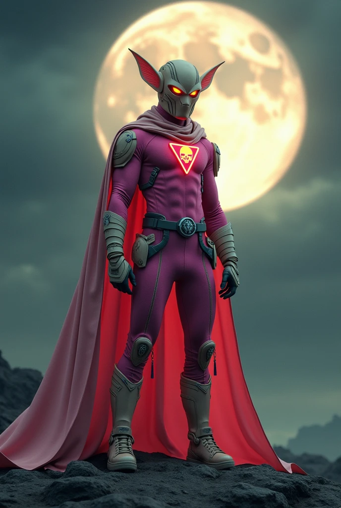 high-tech suit, vivid effects, malaysian superhero (KELUANG MAN) in a striking pink and beige costume cyberpunk design, mask small bat ear beige, daredevil biage mask, jumpsuit dark pink stands confidently in a dramatic, stormy landscape. ((Head covered node guard))The character wears a helmet with pointed ears and a flowing cape. Equipped with visible futuristic weapons on a belt, dark day, dark night, big supermoon effect .logo on chest triangle shape small skull cyber logo center on chest pink logo . The ground is uneven and rocky, adding to --ar 3:4 --style raw --stylize 500 --v 6.1