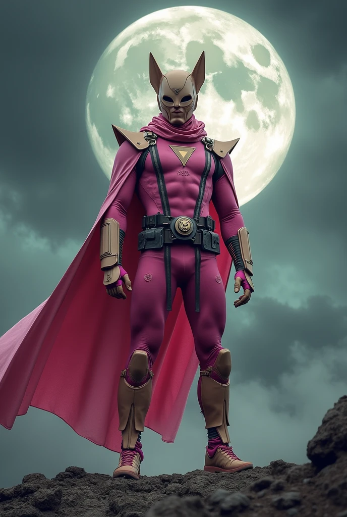 high-tech suit, vivid effects, malaysian superhero (KELUANG MAN) in a striking pink and beige costume cyberpunk design, mask small bat ear beige, daredevil biage mask, jumpsuit dark pink stands confidently in a dramatic, stormy landscape. ((Head covered node guard))The character wears a helmet with pointed ears and a flowing cape. Equipped with visible futuristic weapons on a belt, dark day, dark night, big supermoon effect .logo on chest triangle shape small skull cyber logo center on chest pink logo . The ground is uneven and rocky, adding to --ar 3:4 --style raw --stylize 500 --v 6.1
