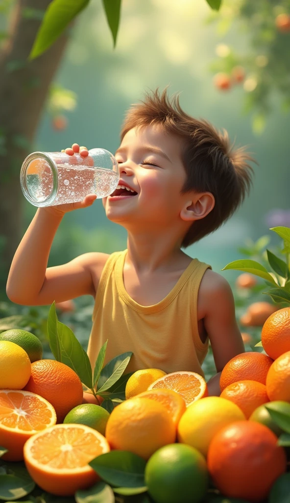 Picture of a boy drinking water, fruits rich in Vitamin C, and a person sleeping.