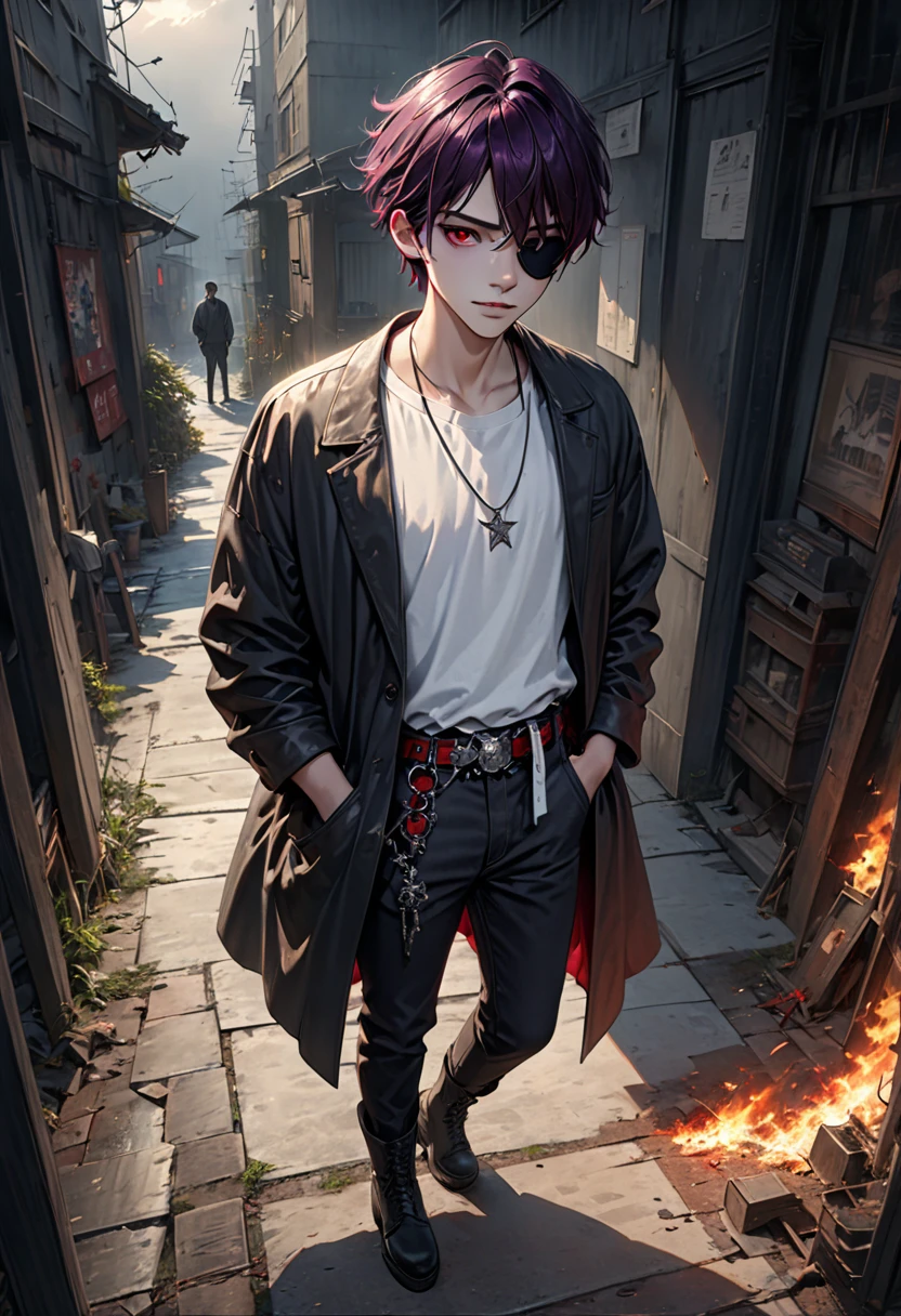 Anime style, A handsome young man with black short messy hair, dark purple inner hair color, wearing a black eyepatch, a cold expression with a dark smile, holding a burning cigarette in his mouth, a scar on the eye with the eyepatch, crimson red eye pupil color with star-like shining pupils, wearing a necklace, a black long coat in a modern style, a white shirt with Japanese text, black jeans, a skeleton belt, and black boots, standing with his hand in his pocket, (best quality,4k,8k,highres,masterpiece:1.2),ultra-detailed,(realistic,photorealistic,photo-realistic:1.37),dark moody atmosphere,dramatic lighting,dark and gritty style,cinematic,chiaroscuro,dramatic pose,character portrait