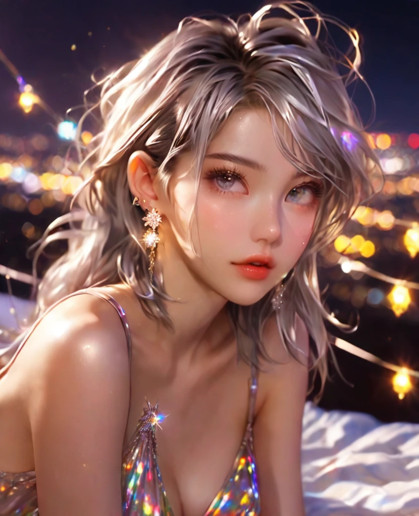 8K,an extremely delicate and beautiful,Beautiful and realistic skin,Shiny jewel-like earrings,Bedhead,like glitter silver hair,beautiful eyes,camisole,short shots,asian cute girl,full body,night city