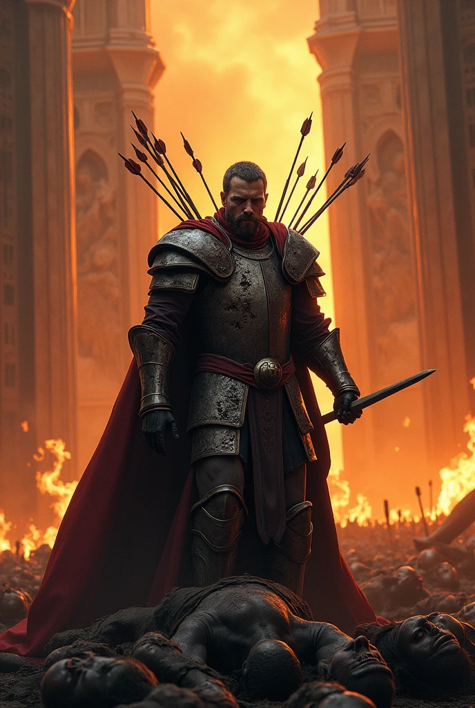Paint me a picture of a standing king shot by dozens of arrow with a background of a burning kingdom hall with mountain of dead knights at he's feet