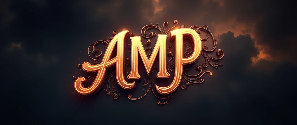 Create a logo with the letters AMP. The font should be curved and romantic. The background should appear epic. The font should almost completely fill the logo