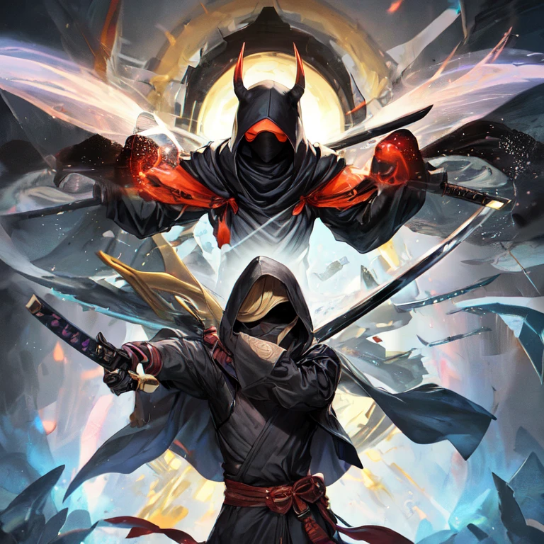 Ninja alchemist male in fully closed black clothes and wearing a hood with an oni mask covering his face with a katana and two hand crossbows UHD, textured skin, super detail, high details, high quality,