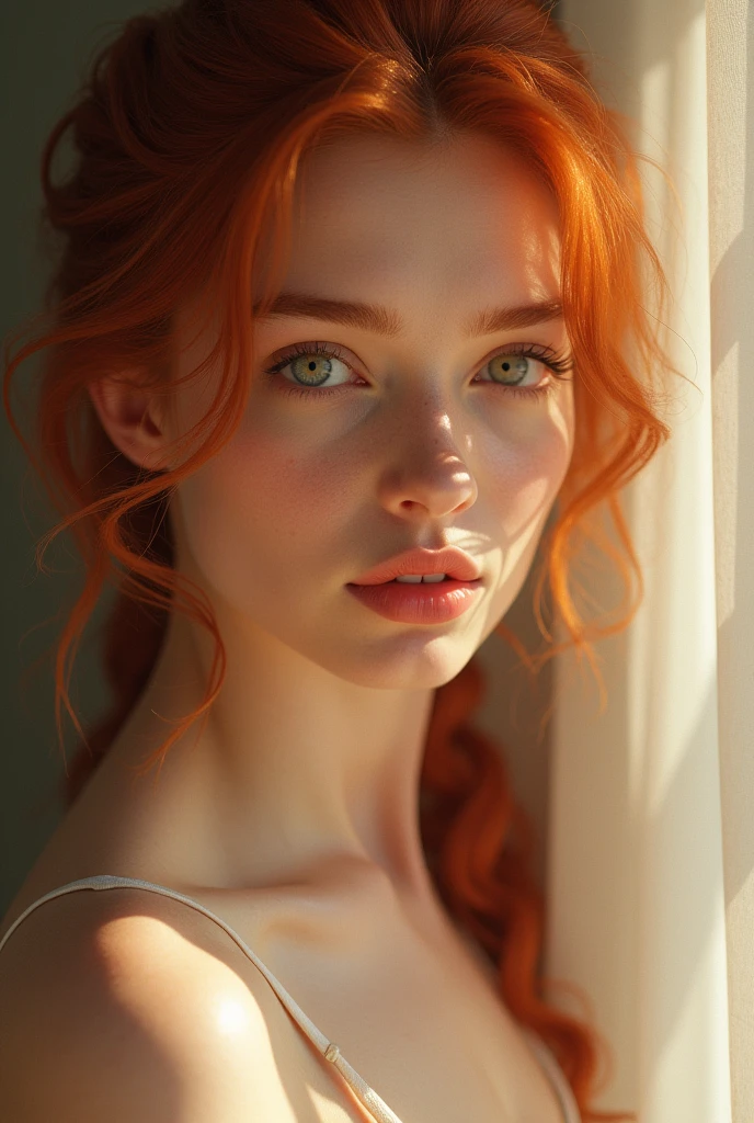 a beautiful young redhead woman, detailed face and skin, intricate hairstyle, soft pink lips, delicate pink nipples, sensual expression, elegant pose, dreamy atmosphere, muted pastel colors, warm natural lighting, cinematic composition, 8k, high quality, detailed artwork, realistic, photorealistic, masterpiece
