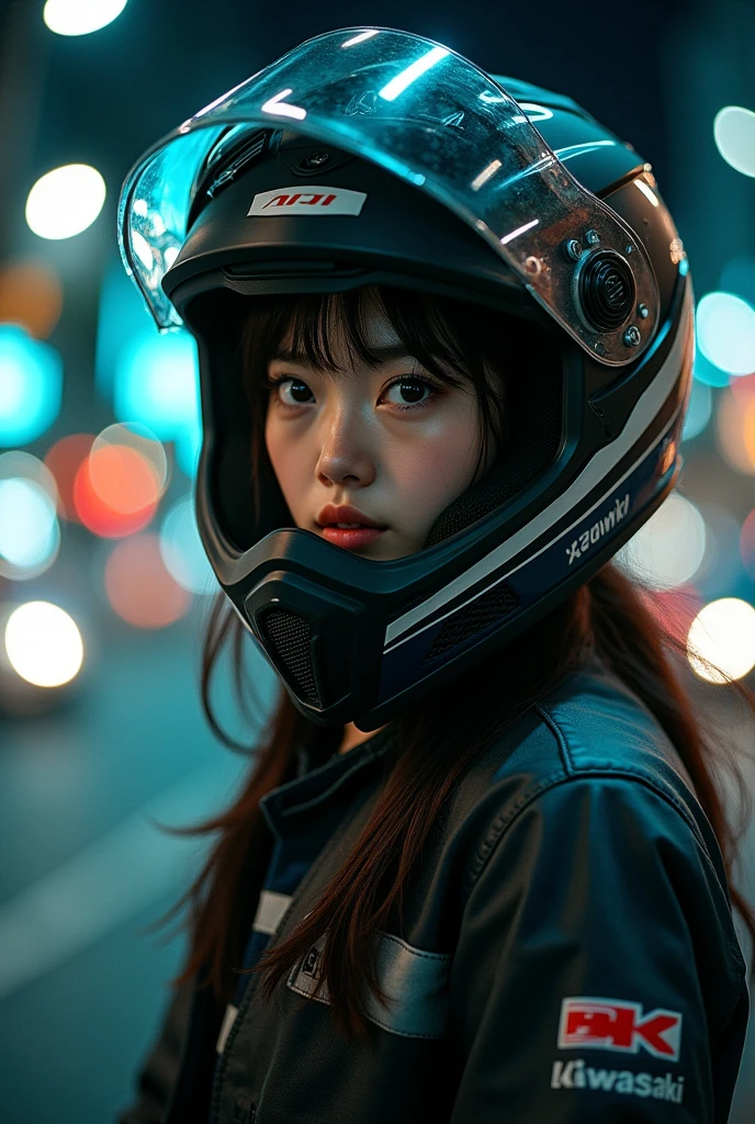 very beautiful Japanese high school girl, about to Ride on a off-road motorcycle, at downtown at night, dramatic scene, masterpiece, (face focus:1.3), clear helmet visor, beautiful eyes, Kawasaki bike, Shoei helmet, (wearing off-road rider's outfits), shoot from side