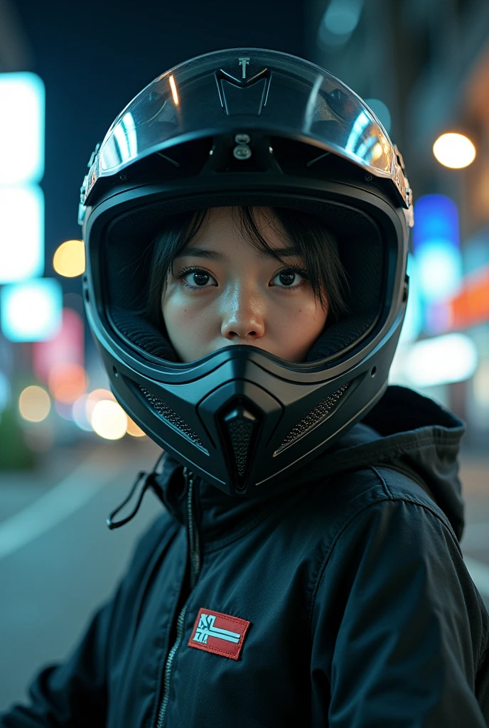 very beautiful Japanese high school girl, about to Ride on a off-road motorcycle, at downtown at night, dramatic scene, masterpiece, (face focus:1.3), clear helmet visor, beautiful eyes, Kawasaki bike, Shoei helmet, (wearing off-road rider's outfits), shoot from side