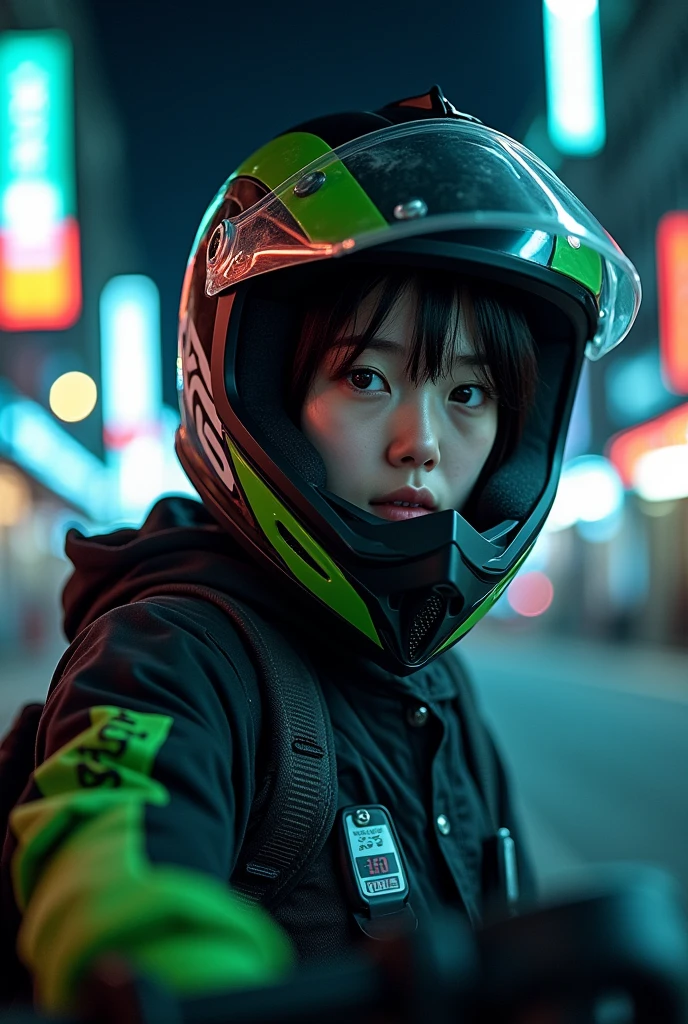 very beautiful Japanese high school girl, about to Ride on a off-road motorcycle, at downtown at night, dramatic scene, masterpiece, (face focus:1.3), clear helmet visor, beautiful eyes, Kawasaki bike, Shoei helmet, (wearing off-road rider's outfits), shoot from side