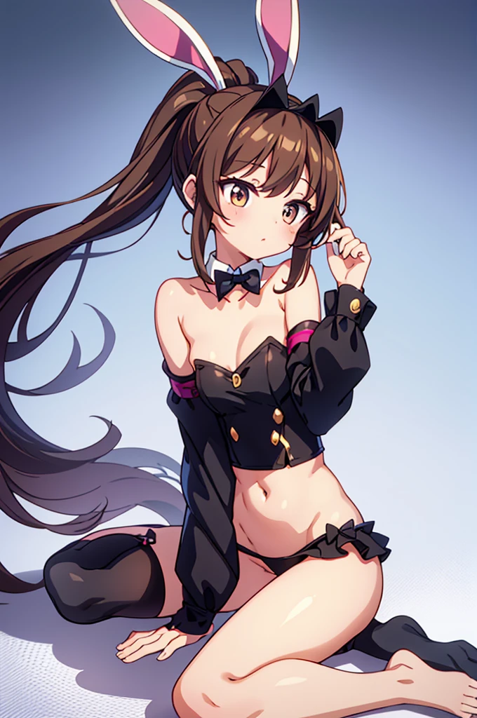 emale , ponytail, face, brown hair, brown eyes, collarbone,small breasts,brown eyes, no background,solo, (sole of foot, toe), (extra leg:-1),no underwear,reverse bunnysuit, reverse outfit, shiny rabbit ears headband, Detached collar, bowtie, pink pasties, no clothes, tight sleeves, (black) puffy long sleeves: 1.2),dynamic angle, masterpiece, best quality, high quality, detailed, high resolution , perfect hands,nsfw