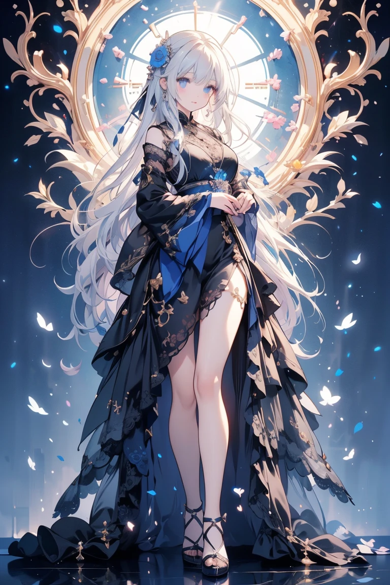 woman in black dress, Cute girl in a beautiful dress, Beautiful full body concept art, Beautiful and charming woman, Woman full body art, guweiz, beautiful woman, Digital art on pixiv, Full body illustration, Kushat Krenz Key Art Women, full body xianxia, Delicate face Gorgeous face Delicate face, Blue Rose Theme , Blue rose petals