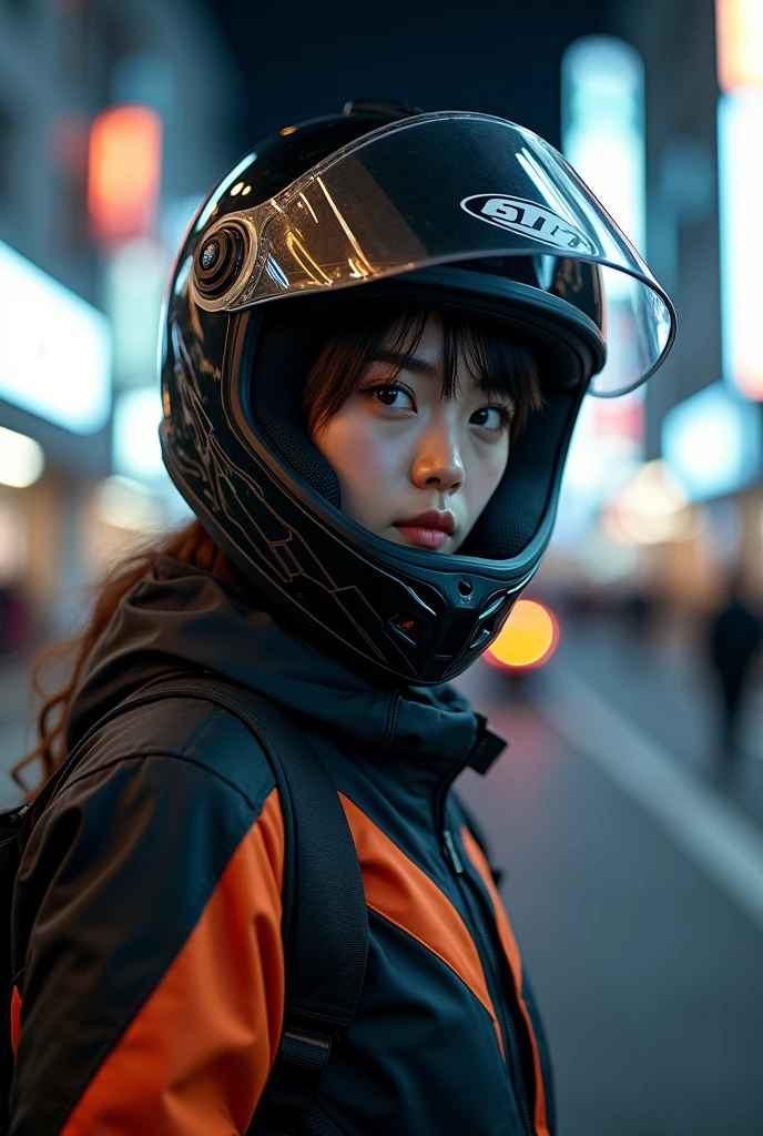 beautiful Japanese high school girl, about to Ride on a off-road motorcycle, at downtown at night, dramatic scene, masterpiece, (face focus:1.3), clear helmet visor, beautiful eyes, KTM bike, Shoei helmet, wearing off-road rider's outfits, shoot from side