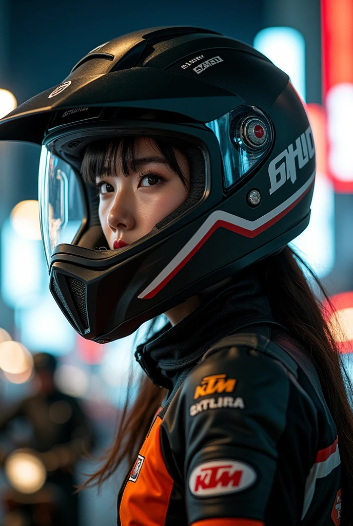 beautiful Japanese high school girl, about to Ride on a off-road motorcycle, at downtown at night, dramatic scene, masterpiece, (face focus:1.3), clear helmet visor, beautiful eyes, KTM bike, Shoei helmet, wearing off-road rider's outfits, shoot from side