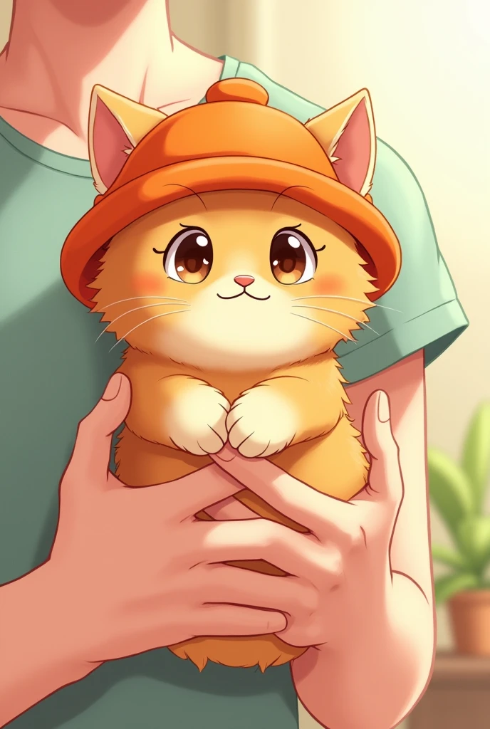 Orange cat
wearing orange cap
Anime have the cat in his hand