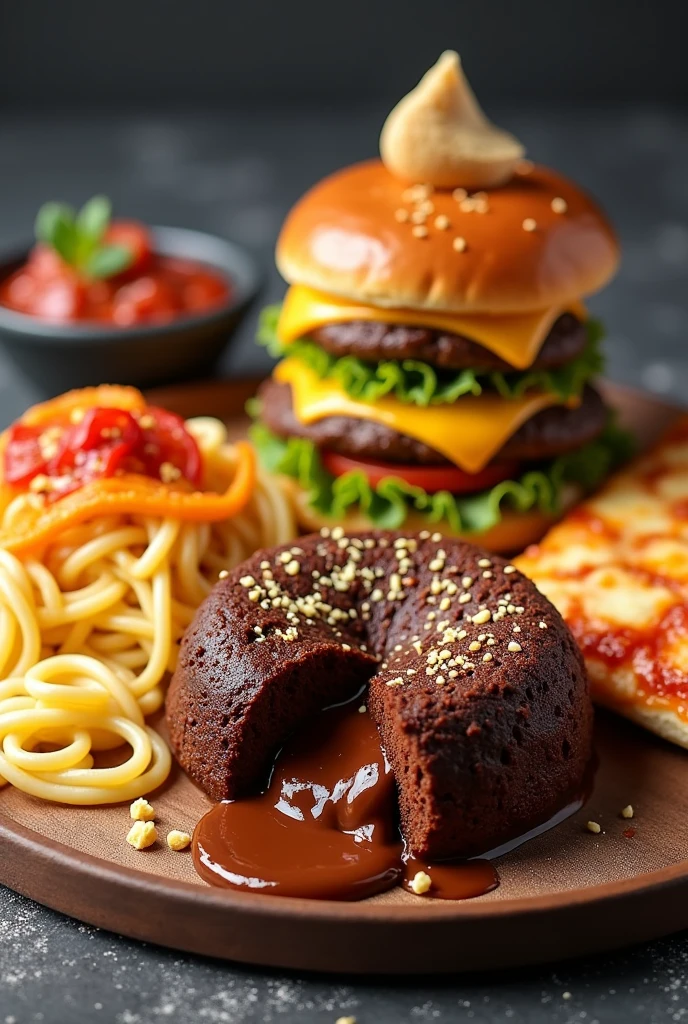 A platter of choco lava cake double cheese burger and double cheese pizza and noodles and