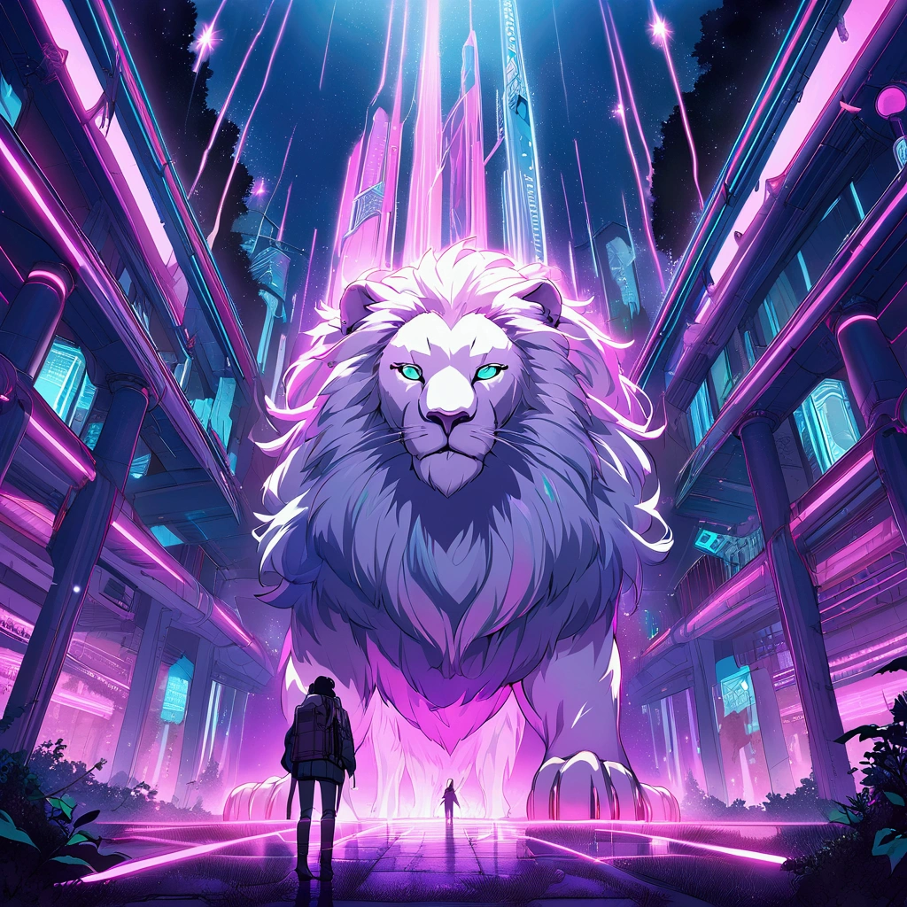 A majestic mythical lion with iridescent fur, glowing neon stripes, and cybernetic enhancements prowling through a dense cyberpunk forest filled with towering neon trees, holographic leaves shimmering in the artificial light, and flickering digital fireflies hovering around. The cat exudes an aura of mystery and power, its eyes glowing with an otherworldly intensity as it navigates the futuristic landscape. The scene is set at dusk, with neon lights casting an eerie yet enchanting glow over the surreal environment done in manga anime style