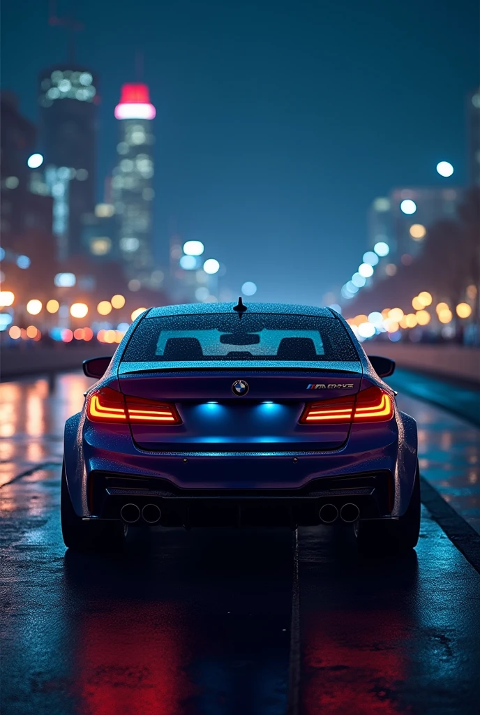 BMW M5 CS Behind it is water and buildings illuminated at night.blueFrom inside the car