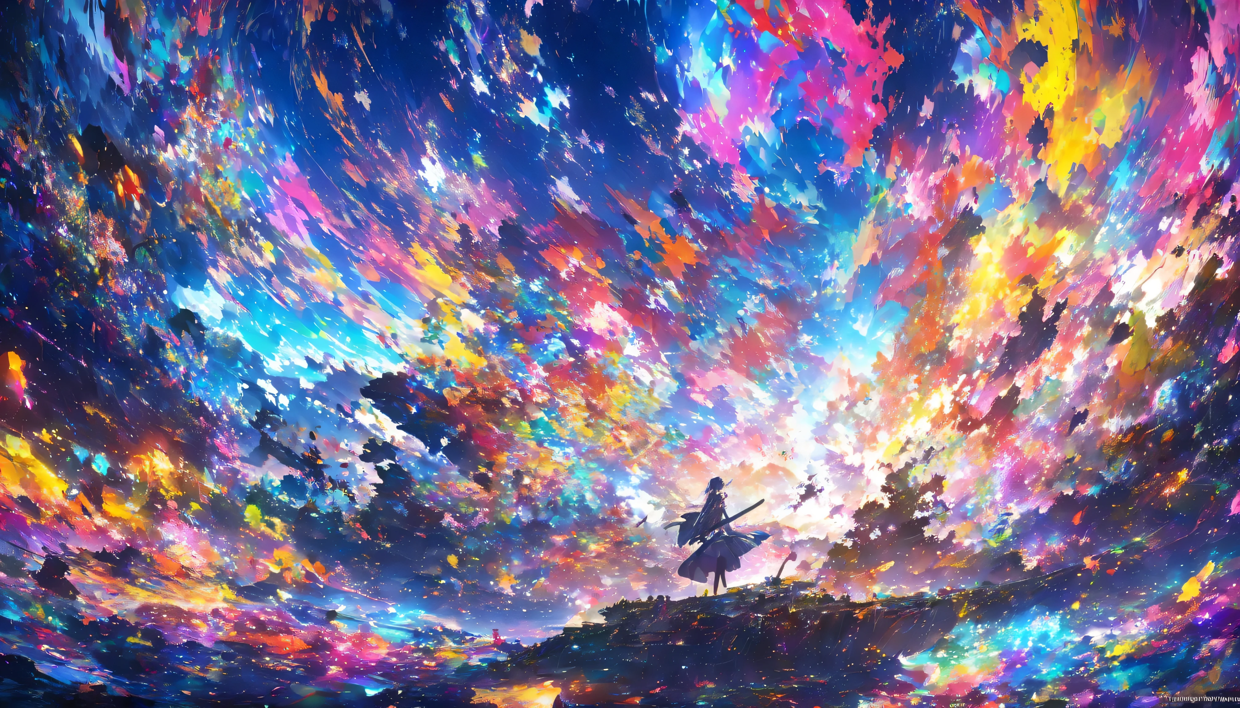 Close-up of a person holding a sword in front of a colorful background, anime art wallpaper 4k, anime art wallpaper 4k, Super colorful, anime abstract art, Dreamy psychedelic anime, Detailed anime art, Anime Style 4k, Anime Art Wallpapers 8K, Detailed digital anime art, Complex and gorgeous anime CGI style, Anime style digital art, By Yuumei