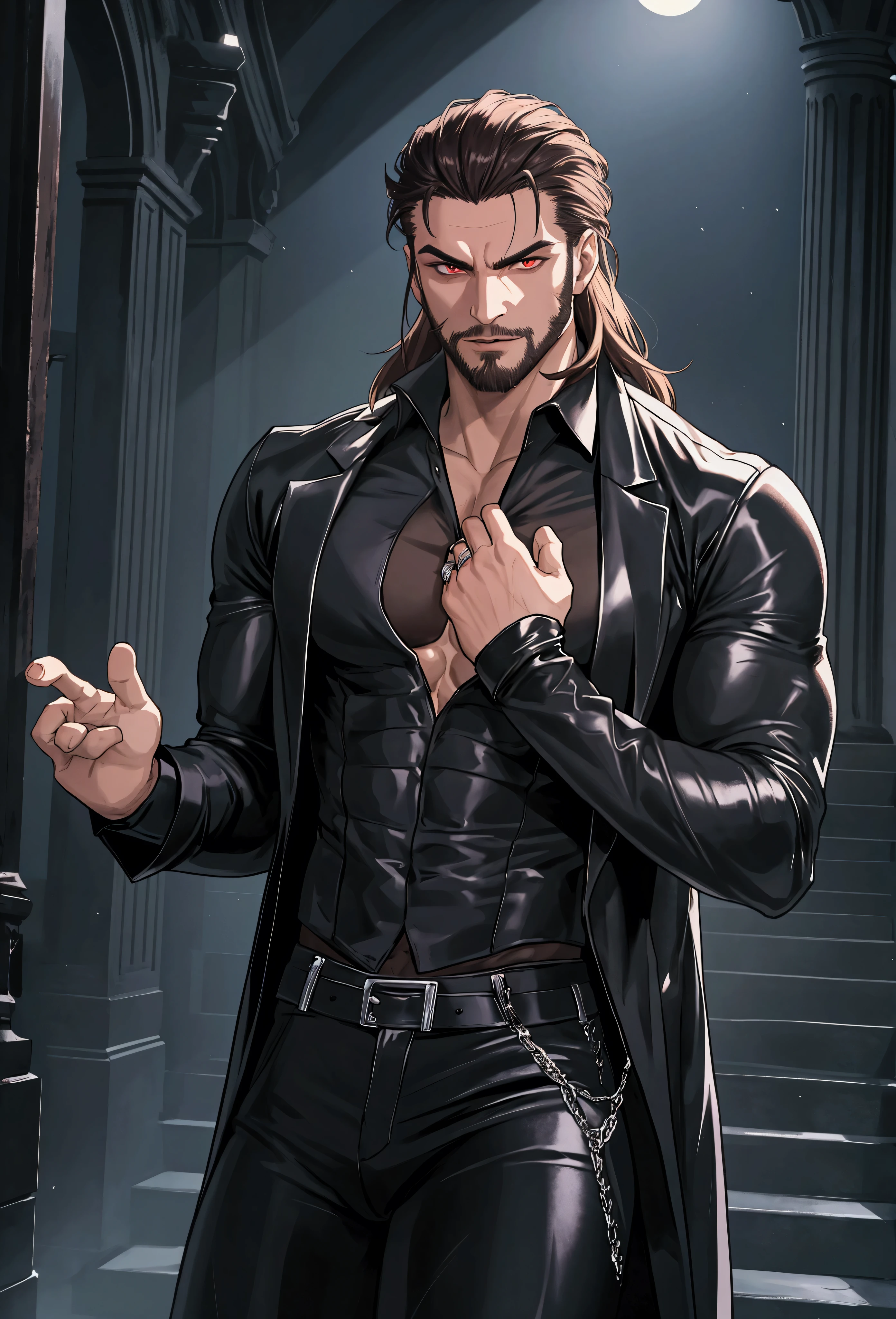 Art-work, ultra detail, Vampire Lestat seductive and attractive, muscular man with athletic body and muscular arms, arms exposed, transparent black shirt, dark leather pants, the man is in focus, the man is looking at the viewer, the man has a delicate but masculine face, dark brown beard, short beard, beautiful facial hair, long dark brown hair, menacing vampire image, dark appearance, gothic city background at night, night background