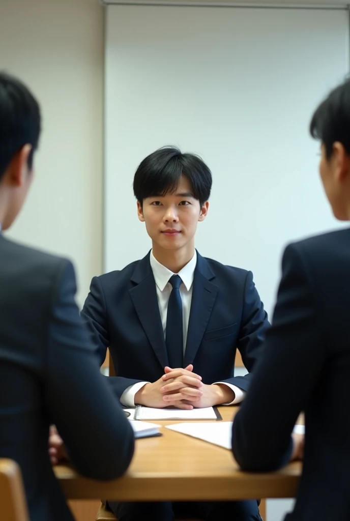 A scene from a job interview for a Japanese university student。
Students are wearing recruitment suits。Facing the interviewer across the table。There is one student、There are two interviewers。Location: Classroom。