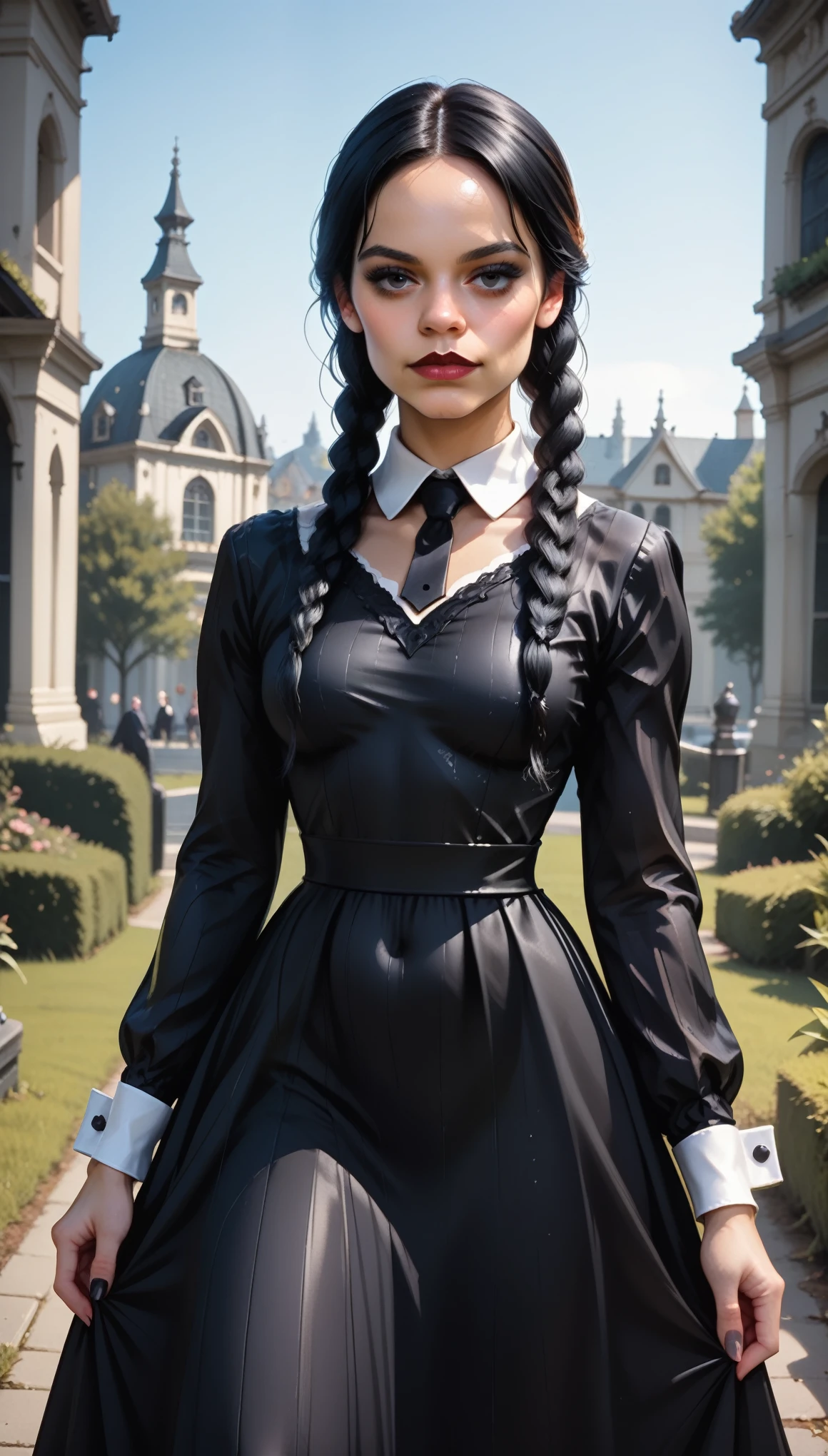 photorrealistic, photo offset from the center, Jenna Ortega as Wednesday Addams, standing alone, (1 girl), relaxing posture, the addams family, Hair in two ponytails, Bblack hair, black eyed crow, beautiful  face, pale skin, lying face down, barefoot, front viewer, eye contact, gola dress, long dress black, covered shoulders, chest coverd, Covered neck, puff sleeves, long sleeves, white collar, white wrist cuffs 