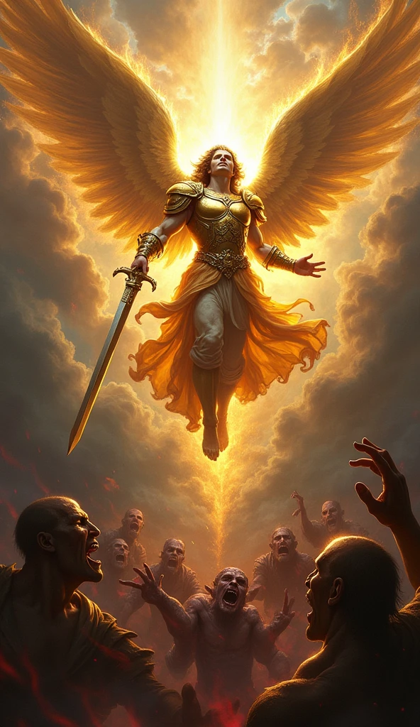 A breathtaking sacred painting of Saint Michael the Archangel, depicted in mid-air, radiating divine power and fearsome glory. His piercing gaze burns with righteous fury as he brandishes a massive, flaming sword, its light searing through the darkness. His golden armor glows with a celestial fire, reflecting the light of heaven, while his enormous wings spread wide, creating a whirlwind of energy around him. Below, twisted and grotesque demons writhe in agony and terror, their faces contorted in fear as they are engulfed by the powerful aura of the Archangel. The background is a dramatic storm of dark clouds and heavenly light, highlighting the contrast between Saint Michael's overwhelming presence and the evil forces he vanquishes. This epic composition, with intense colors and stunning detail, captures the ultimate triumph of divine justice, perfect for a wallpaper that exudes power and spiritual grandeur.