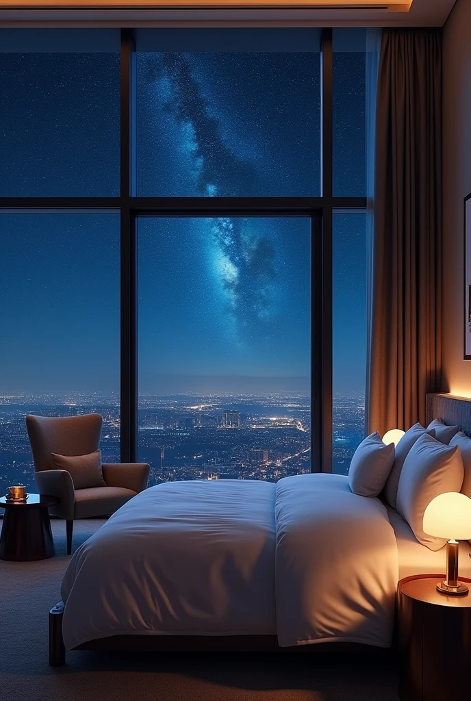 A luxury hotel room、King-size bed with premium linens、Luxury bedroom、Modern bedside lamp、The large windows offer a beautiful view of the starry sky.、There is an armchair and a coffee table near the window.。