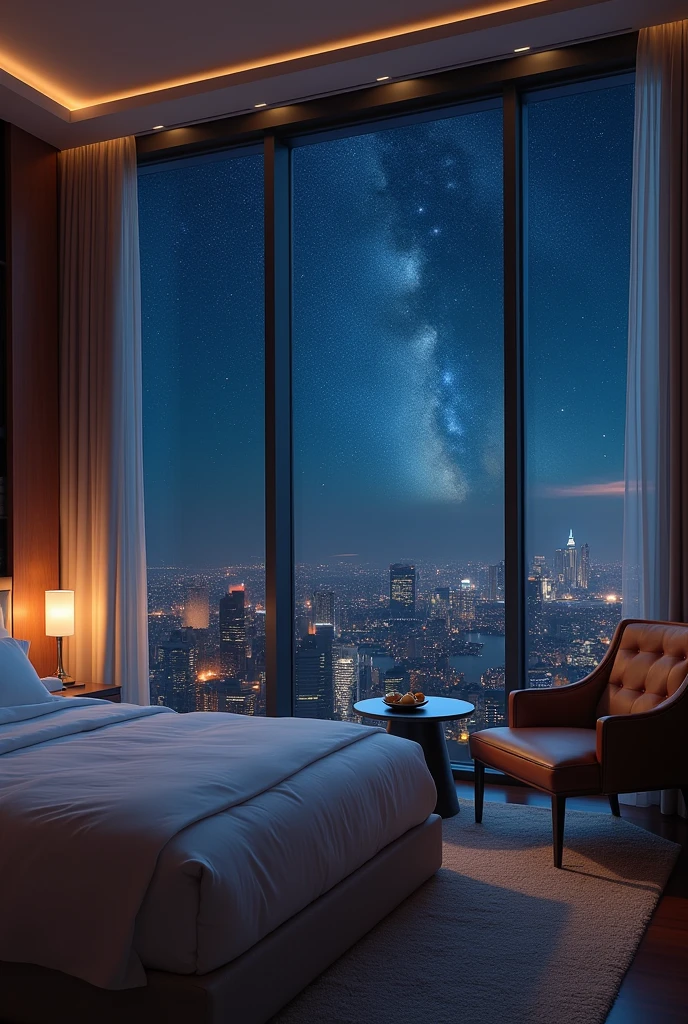 finest image, 8k, RAW photo, realistic, detailed, delicate, flashy and dynamic depiction, the dazzling night view of the downtown area of ​​a big city seen from the window of a high-rise apartment, the pale moon, the starry iridescent sky, and fantasy, art