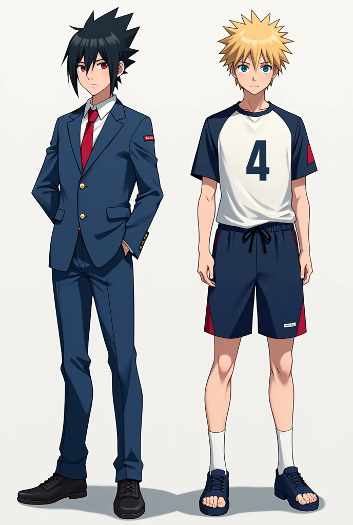 Create an anime boy with a blue school uniform and hair like Sasuke. Leave his hair black and tie red. Make a full-body image of him. Put the red tie keeping this same image. Put him in a volleyball sports uniform and shorts. 