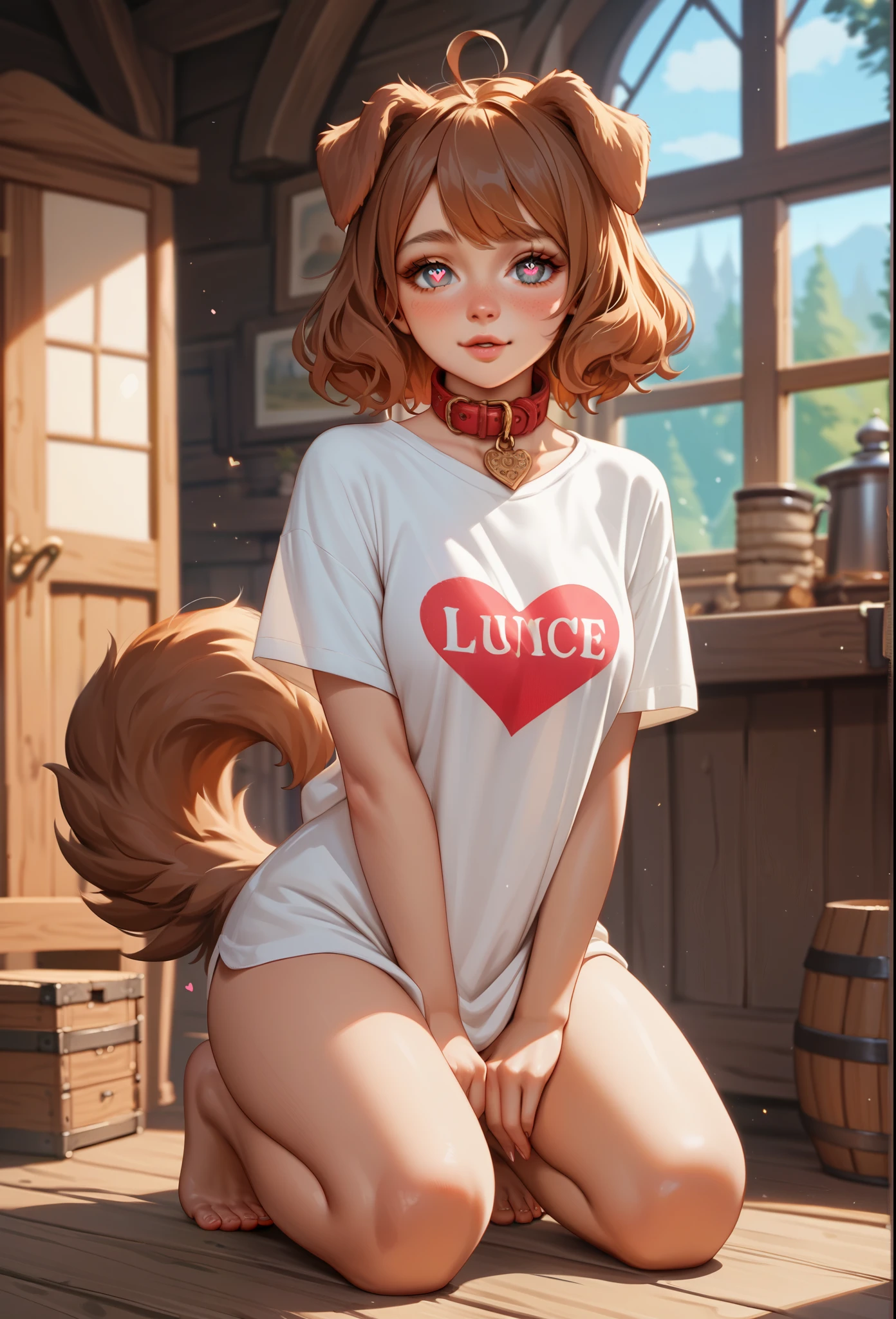 score_9, score_8_up, score_7_up, score_6_up, score_5_up, score_4_up, BREAK source_anime, rating_explicit, ((adult)), monstergirl, dog girl, brown fur, 1girl, long T-shirt, dog collar, heart pupils, hearts in eyes, kneeling length shirt, long clothes, active pose, standing, medieval House, fantasy background,
best quality, super detailed, high detail