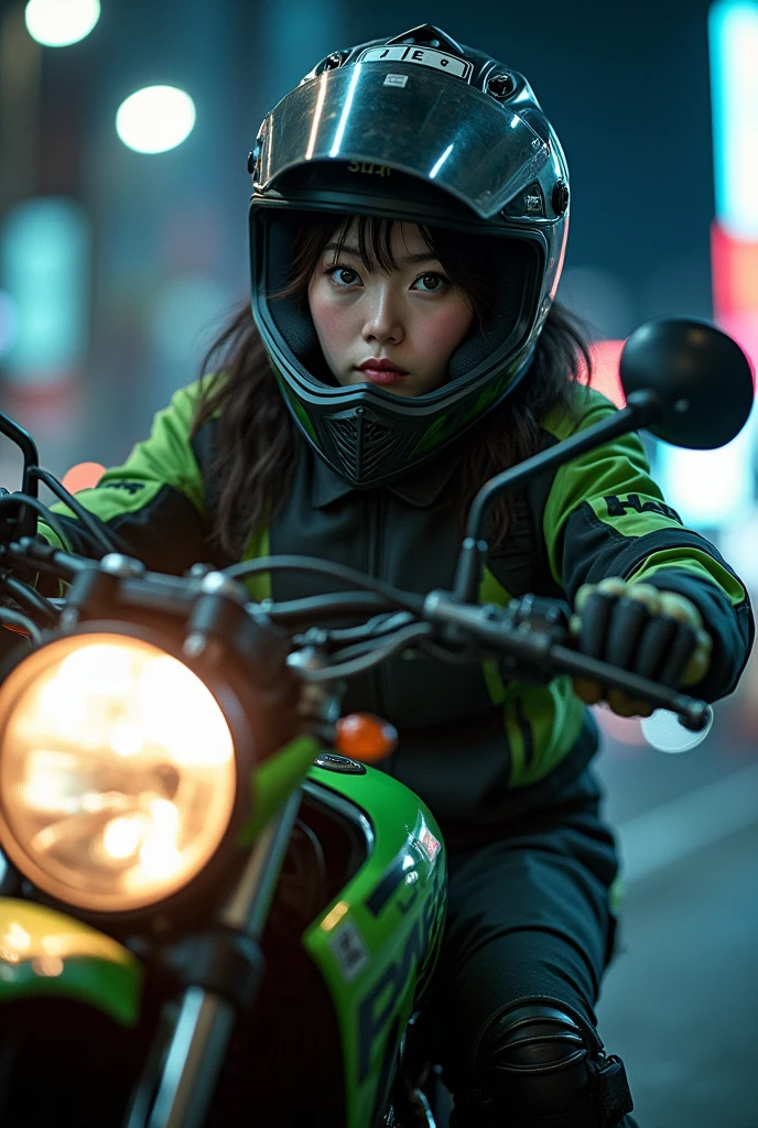 very beautiful Japanese high school girl, about to Ride on a off-road motorcycle, at downtown at night, dramatic scene, masterpiece, (face focus:1), clear helmet visor, beautiful eyes, Kawasaki bike, Shoei helmet, (wearing off-road rider's outfits), shoot from side