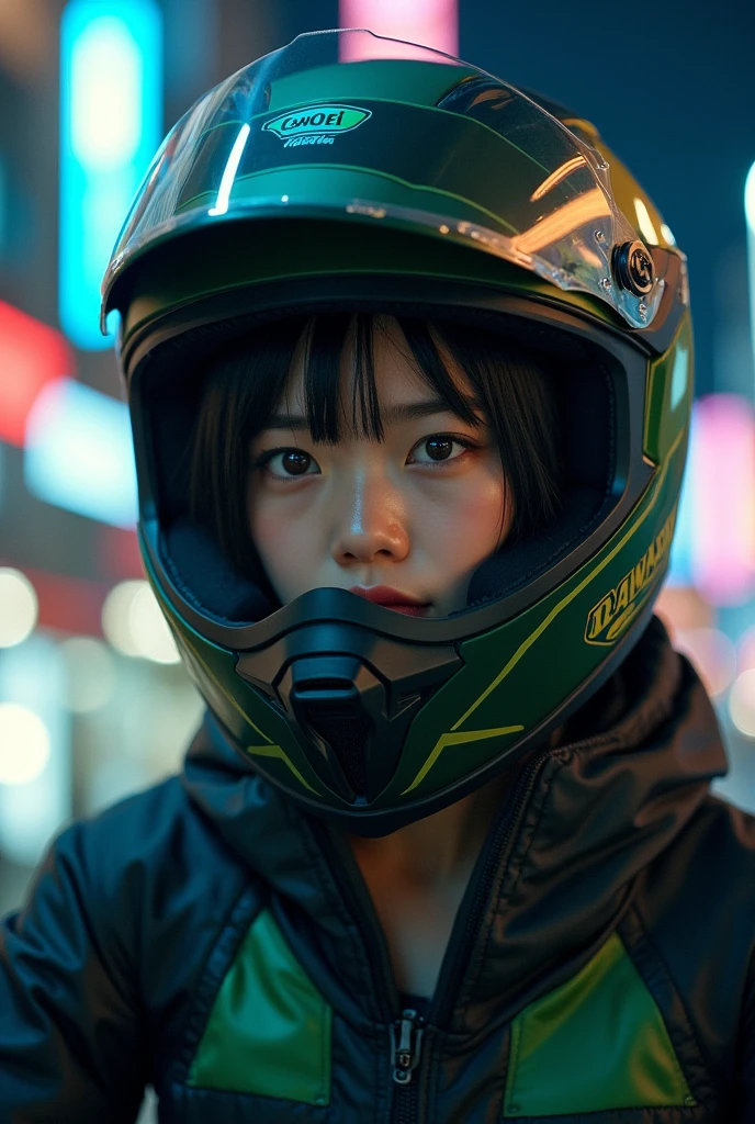 very beautiful Japanese high school girl, about to Ride on a off-road motorcycle, at downtown at night, dramatic scene, masterpiece, (face focus:1), clear helmet visor, beautiful eyes, Kawasaki bike, Shoei helmet, (wearing off-road rider's outfits), shoot from side