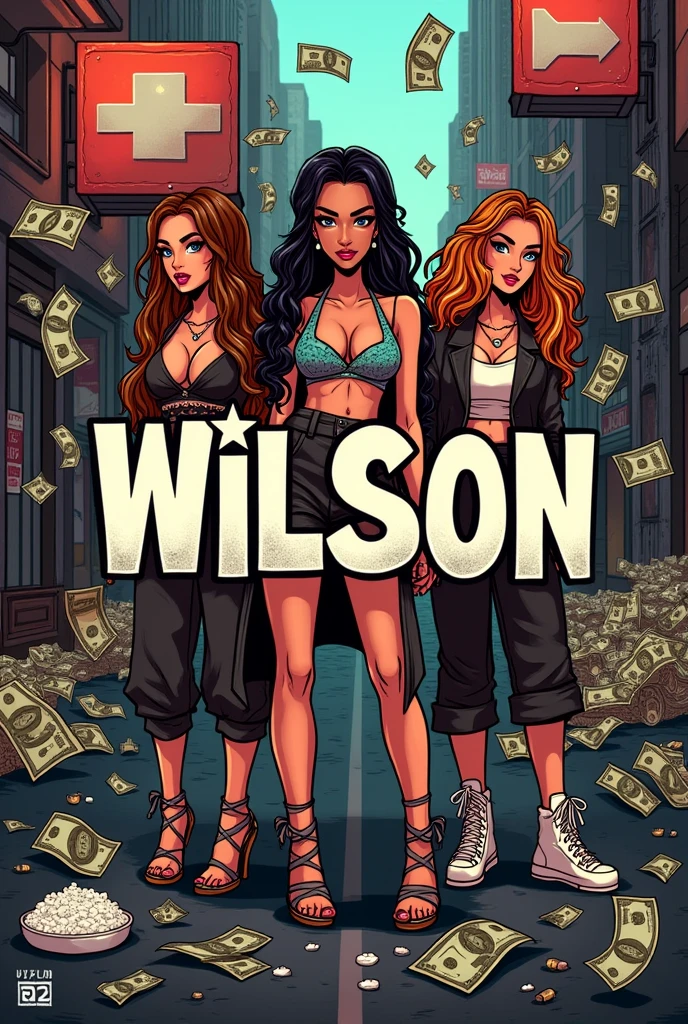 Image with the name Wilson in the center that is small that has women cartoons bills and drugs urban style