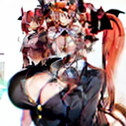 ・Bright red with an orange tint ・Long twin tails ・Hair in gentle vertical rolls ・Dragon horns ・Short ・Elementary school student ・ ・Super large breasts ・Demon king