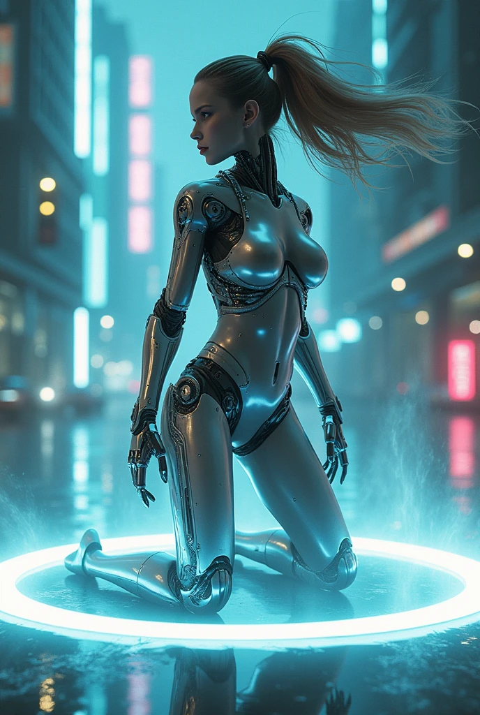 (masterpiece:1.2,Distinguished Quality,Mirror-like,Cinematic Experience),8k,wallpaper,(1 female),(A female android combatant from the future:2.0),(Combat mechanical arm:2.0),(Combat mechanical legs:2.0),(Beautiful Face,He's glaring at this way.),(Kneeling on one knee on a ring of white light),(Hair blowing in the wind),(Drawing a depiction of intense electrical discharge:2.0),(The right knee is raised:2.0),(Detailed hands:1.6),(Detailed feet:1.6),(Dynamic Angles:2.0),(American cities of the 1980s:2.0),(sf:2.0),(cyber punk:2.0),(Super sexy:2.0), A UFO made of a metal-plated frame, a magic circle on the ground, and a kaleidoscope of iridescent neon lines in the sky, transparent, clear neon color, precision instruments, machines, machine parts, LED, wire cables, analyzers, labs, (ultra detailed, absolutely resolution, best quality:1.3), 2.5D, delicate and dynamic effects, artistic photography, hyper realistic, graphic CG digital fantasy art