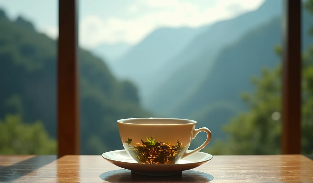 Premium tea,In a teahouse deep in the mountains,一杯のお茶にTea leaves浮いている,Tea leaves, Cinematic, Professional photography, Studio Lighting, Studio Background, Advertising Photography, Intricate details, Very detailed, Surreal, 8K Ultra HD