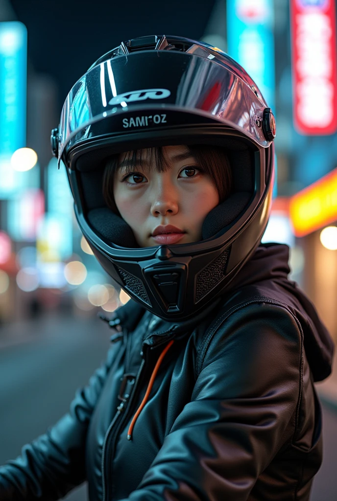 beautiful Japanese high school girl, about to Ride on a off-road motorcycle, at downtown at night, dramatic scene, masterpiece, (face focus:1), clear helmet visor, beautiful eyes, KTM bike, Shoei helmet, wearing off-road rider's outfits, shoot from side