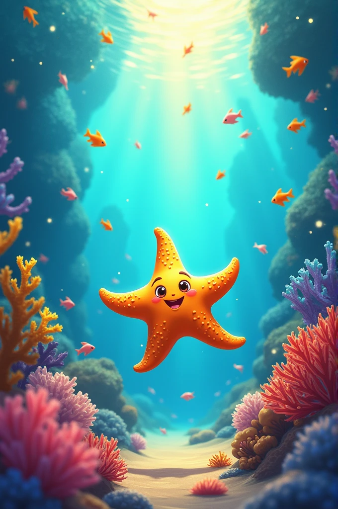 Title: The Brave Little Starfish
Cover Page:
A vibrant underwater scene with a small, smiling starfish at the center, surrounded by colorful coral, fish, and a warm sunlight beam filtering through the ocean.