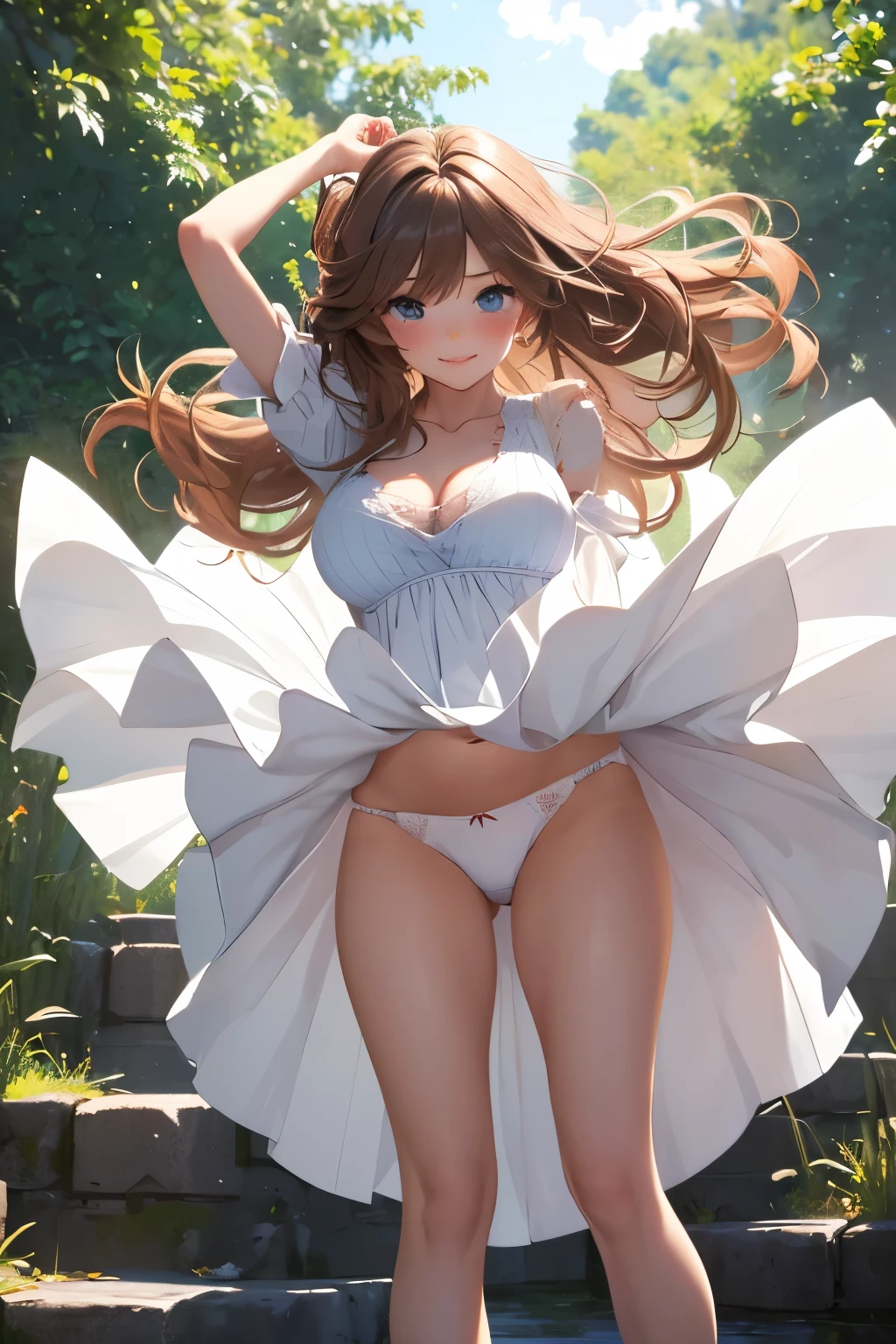 masterpiece, Beauty, Age 25,  (((Your skirt is flipped up and your panties are visible))), (((The skirt is completely turned inside out))), (((Her dress is blown up by the wind))), A kind smile, grassland, Beautiful scenery, Cleavage, Big Breasts, White dress, (((Long skirt))),  Her face is perfectly symmetrical、blue eyes, belly button, (Highest quality,8k,Realistic,Very detailed),One person,Beautiful attention to detail,Beautiful lip detail,Very detailed目と顔,Long eyelashes,Perfect body, Light brown long hair, Gal,   (((Windblown Skirt))), (((White panties))),  ((Blushing)), don&#39;t wear socks, (((face down))),
