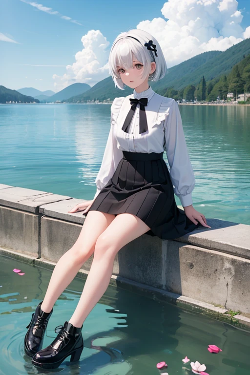Girl wearing a black striped flared skirt,white haired cutie, several petals on the lake behind