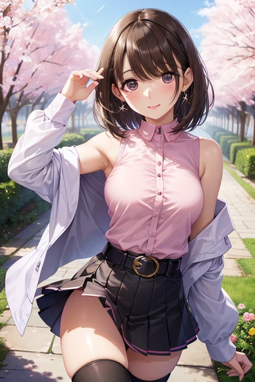 anegasaki nene、Shiny brown hair, short hair, (Beautiful brown eyes、Sparkling eyes, Fine grain)、smile、Ultra-detailed eyes、Highly detailed face, Highly detailed eyes,
(((masterpiece, Highest quality, High resolution, 超High resolution, Pixel perfect, Written boundary depth, 4K, RTTX10.0))),
View your viewers, Cowboy Shot, 1 girl, Japanese, Hot Girls, Perfect Face, Cute and symmetrical face, Glowing Skin, ,
(short hair, Messy Hair:1.2, Brown Hair),
Hair on one eye:1.2, Purple eyes, (Middle chest, Captivating thighs, Big Ass), Earrings,
Beautiful Hair, Beautiful Face, Beautiful attention to detail, Beautiful clavicle, Beautiful body, Beautiful breasts, Beautiful thighs, Beautiful feet, Beautiful fingers,
((abdomen, Asymmetrical legwear, Pink Shirt, belt, Black mini skirt, Black thigh-high socks)), Flower Hair Ornaments, jewelry,
(Beautiful views), evening, garden, Cherry Blossom, walk, (かわいらしいsmile, Upward glance),