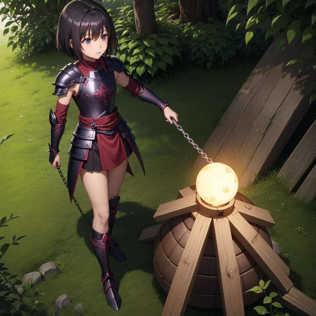 最high quality、high quality、Simple Cloth Armor、10Year-old girl adventurer、Equipped with a weapon that has a short chain at the end of a stick and a spiked iron ball at the end of the chain、In a dark maze